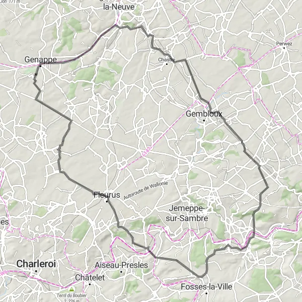 Map miniature of "Scenic Road Ride through Bousval, Perbais, Floriffoux, Tamines, and Quatre-Bras de Baisy-Thy" cycling inspiration in Prov. Brabant Wallon, Belgium. Generated by Tarmacs.app cycling route planner