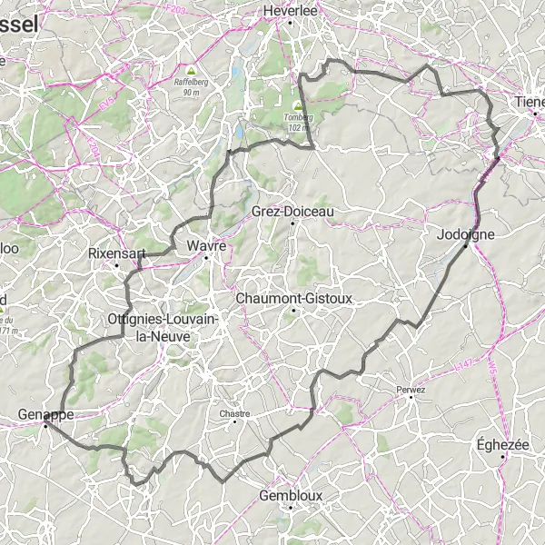 Map miniature of "Road Cycling Adventure to Moriensart, Ottenburg, Haasrode, Orbais, and Mellery" cycling inspiration in Prov. Brabant Wallon, Belgium. Generated by Tarmacs.app cycling route planner