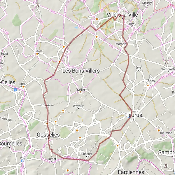 Miniatuurkaart van de fietsinspiratie "Fleurus en omgeving Gravel Route" in Prov. Brabant Wallon, Belgium. Gemaakt door de Tarmacs.app fietsrouteplanner