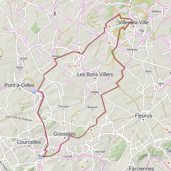 Miniatuurkaart van de fietsinspiratie "Gravelroute langs Sart-Dames-Avelines en Roux" in Prov. Brabant Wallon, Belgium. Gemaakt door de Tarmacs.app fietsrouteplanner