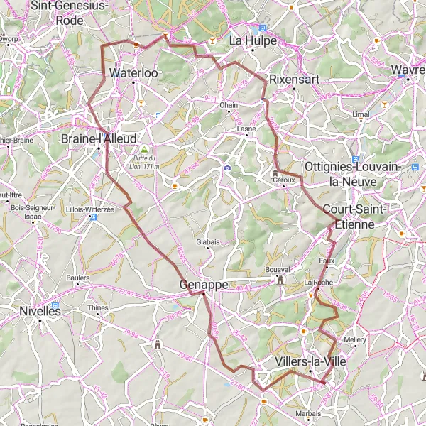 Miniature de la carte de l'inspiration cycliste "Aventure à vélo de 65 km de Genappe à Strichon" dans la Prov. Brabant Wallon, Belgium. Générée par le planificateur d'itinéraire cycliste Tarmacs.app