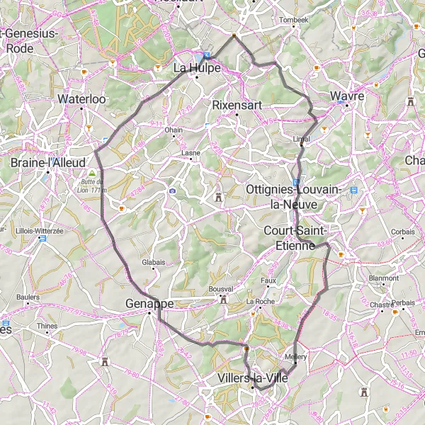 Map miniature of "Hills and History" cycling inspiration in Prov. Brabant Wallon, Belgium. Generated by Tarmacs.app cycling route planner