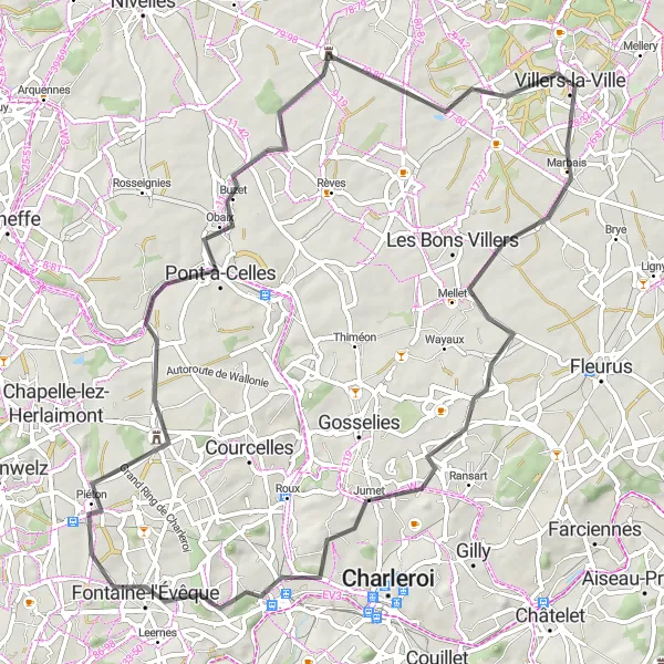 Miniatuurkaart van de fietsinspiratie "Marbais - Fontaine-l'Évêque Road Route" in Prov. Brabant Wallon, Belgium. Gemaakt door de Tarmacs.app fietsrouteplanner