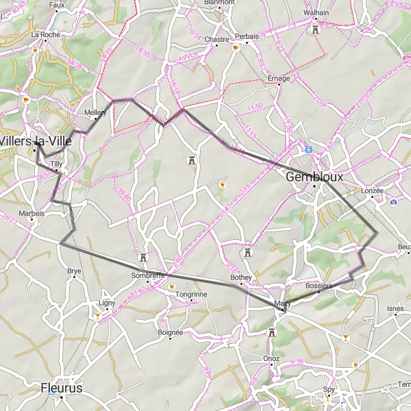 Miniatuurkaart van de fietsinspiratie "Villers-la-Ville - Sombreffe Road Route" in Prov. Brabant Wallon, Belgium. Gemaakt door de Tarmacs.app fietsrouteplanner