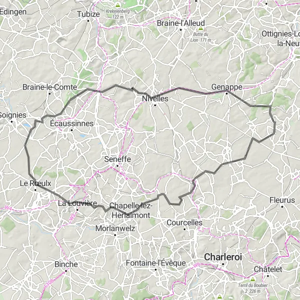 Karten-Miniaturansicht der Radinspiration "Herausfordernde Radtour nach Nivelles" in Prov. Brabant Wallon, Belgium. Erstellt vom Tarmacs.app-Routenplaner für Radtouren