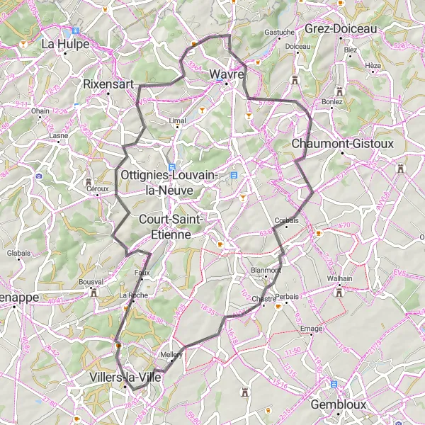 Miniature de la carte de l'inspiration cycliste "Parcours Historique et Champêtre du Brabant Wallon en Vélo" dans la Prov. Brabant Wallon, Belgium. Générée par le planificateur d'itinéraire cycliste Tarmacs.app