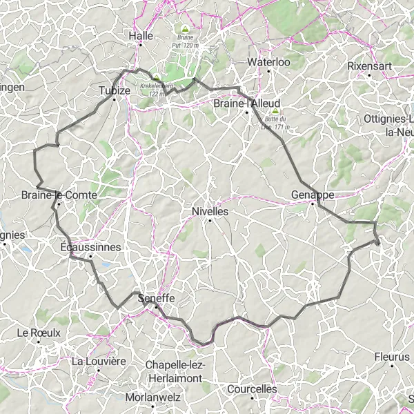Map miniature of "The Villers-la-Ville Road Adventure" cycling inspiration in Prov. Brabant Wallon, Belgium. Generated by Tarmacs.app cycling route planner