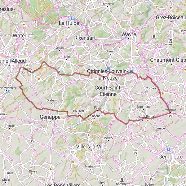 Map miniature of "Perbais and Battle of Waterloo Gravel Route" cycling inspiration in Prov. Brabant Wallon, Belgium. Generated by Tarmacs.app cycling route planner