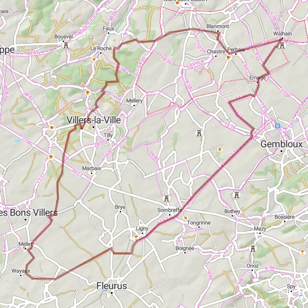 Miniatuurkaart van de fietsinspiratie "Gravelroute Walhain-Saint-Paul naar Hévillers" in Prov. Brabant Wallon, Belgium. Gemaakt door de Tarmacs.app fietsrouteplanner