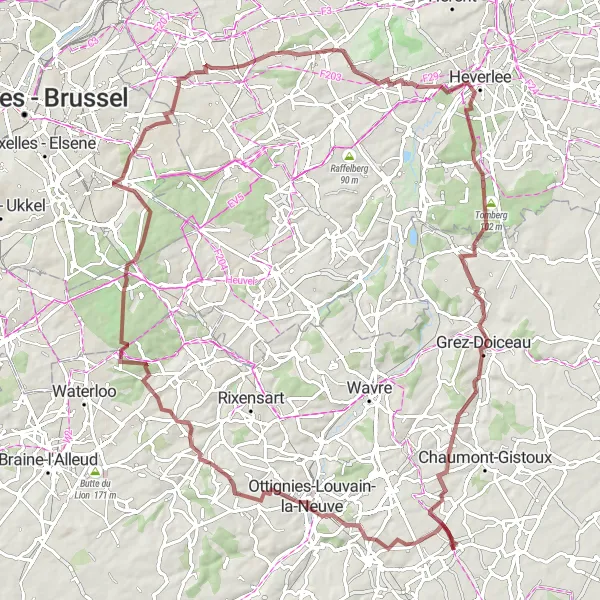 Miniatuurkaart van de fietsinspiratie "Gravel Avontuur in Brabant Wallon: Nil-Saint-Vincent-Saint-Martin naar Corroy-le-Grand" in Prov. Brabant Wallon, Belgium. Gemaakt door de Tarmacs.app fietsrouteplanner