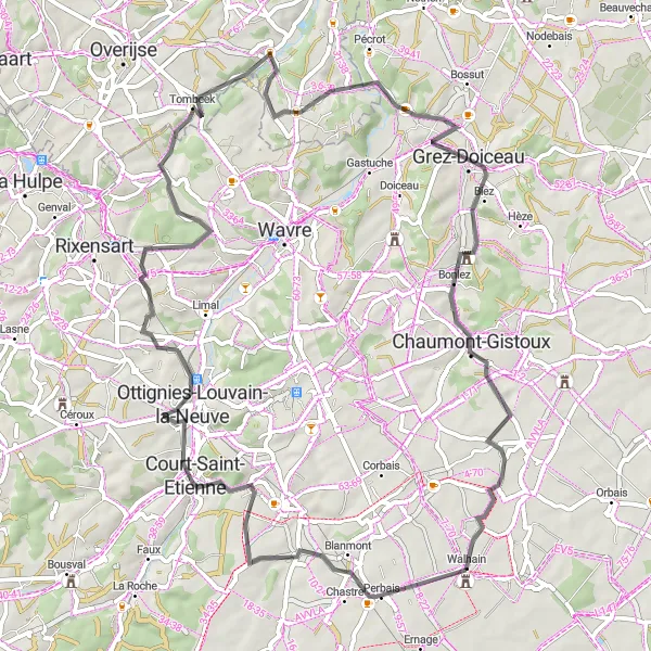 Miniatuurkaart van de fietsinspiratie "Ontdek de Schoonheid van Brabant Wallon: Hévillers naar Walhain-Saint-Paul" in Prov. Brabant Wallon, Belgium. Gemaakt door de Tarmacs.app fietsrouteplanner