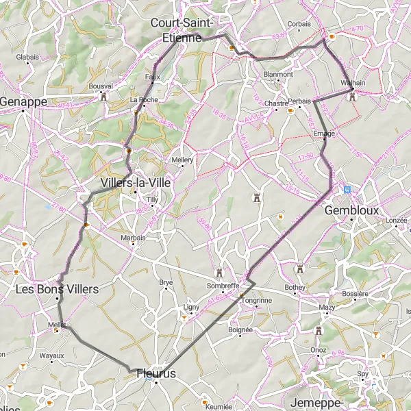 Map miniature of "Walhain-Saint-Paul to Court-Saint-Etienne" cycling inspiration in Prov. Brabant Wallon, Belgium. Generated by Tarmacs.app cycling route planner