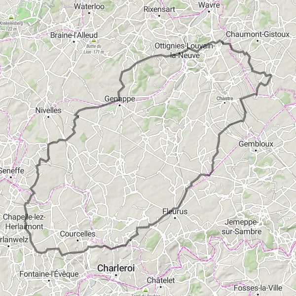 Miniature de la carte de l'inspiration cycliste "Les Châteaux et Villages du Brabant Wallon" dans la Prov. Brabant Wallon, Belgium. Générée par le planificateur d'itinéraire cycliste Tarmacs.app