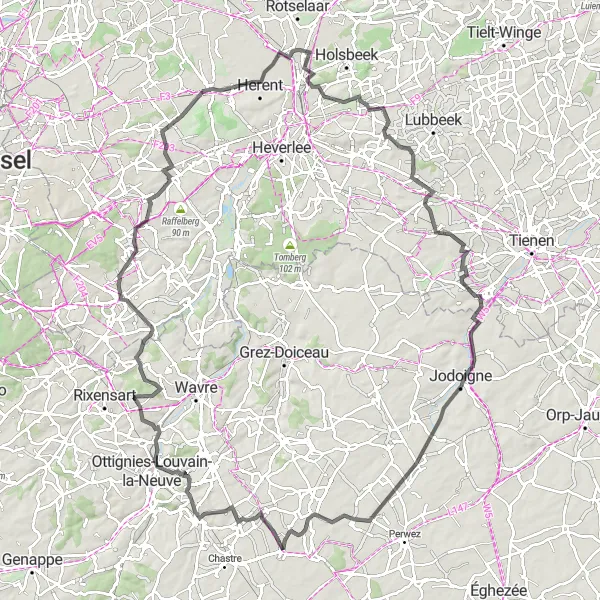 Karten-Miniaturansicht der Radinspiration "Tour durch Limal und Orbais" in Prov. Brabant Wallon, Belgium. Erstellt vom Tarmacs.app-Routenplaner für Radtouren