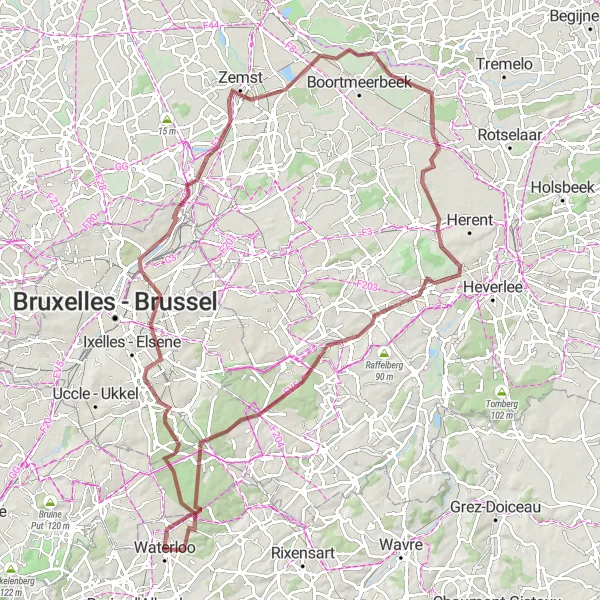 Map miniature of "Scenic Gravel Adventure" cycling inspiration in Prov. Brabant Wallon, Belgium. Generated by Tarmacs.app cycling route planner