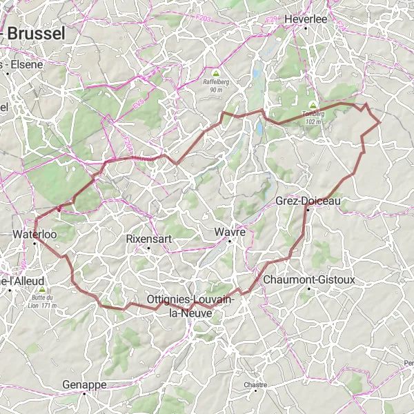 Miniatuurkaart van de fietsinspiratie "Gravelavontuur door het glooiende landschap" in Prov. Brabant Wallon, Belgium. Gemaakt door de Tarmacs.app fietsrouteplanner