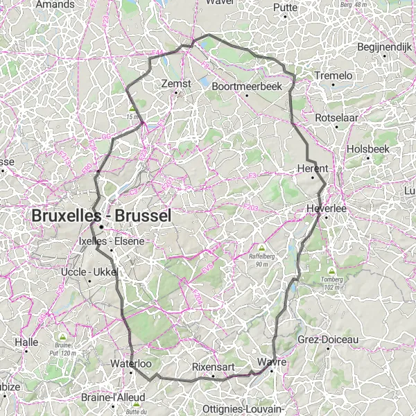 Map miniature of "Historic Battlefields and Landmarks" cycling inspiration in Prov. Brabant Wallon, Belgium. Generated by Tarmacs.app cycling route planner