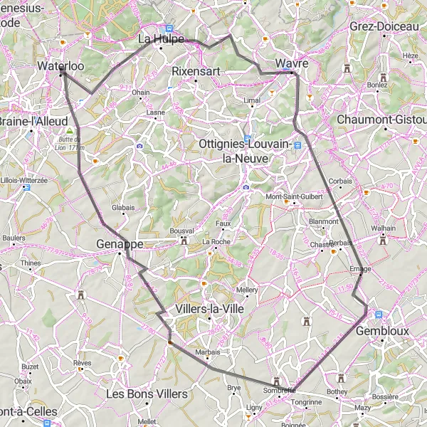 Karten-Miniaturansicht der Radinspiration "Entdeckungstour auf dem Rennrad um Waterloo" in Prov. Brabant Wallon, Belgium. Erstellt vom Tarmacs.app-Routenplaner für Radtouren