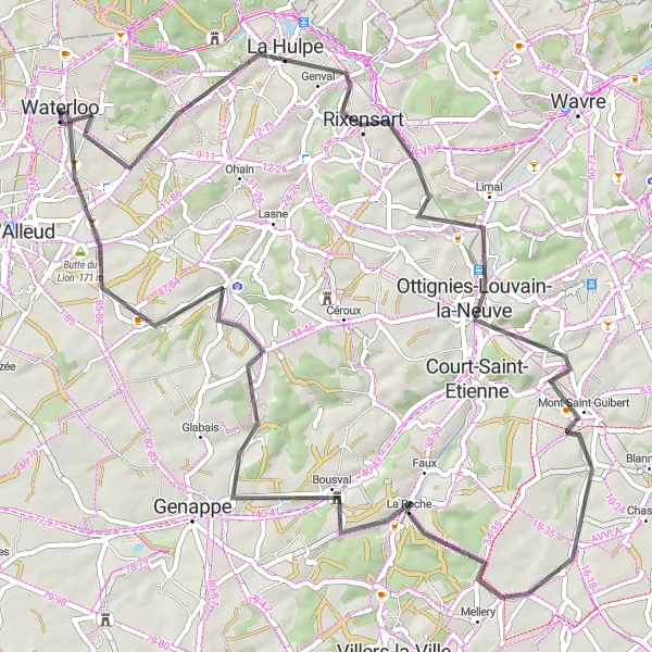 Map miniature of "Countryside and Historic Landmarks" cycling inspiration in Prov. Brabant Wallon, Belgium. Generated by Tarmacs.app cycling route planner