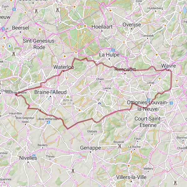 Map miniature of "Gravel Adventure in Brabant Wallon" cycling inspiration in Prov. Brabant Wallon, Belgium. Generated by Tarmacs.app cycling route planner