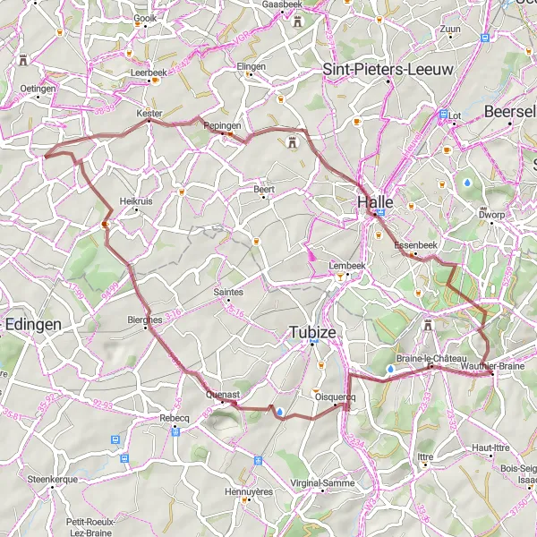 Map miniature of "Gravel Ride to Quenast and Essenbeek" cycling inspiration in Prov. Brabant Wallon, Belgium. Generated by Tarmacs.app cycling route planner