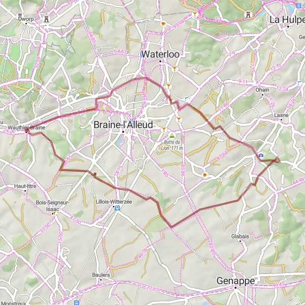 Map miniature of "Gravel Tour to Château de Fichermont" cycling inspiration in Prov. Brabant Wallon, Belgium. Generated by Tarmacs.app cycling route planner