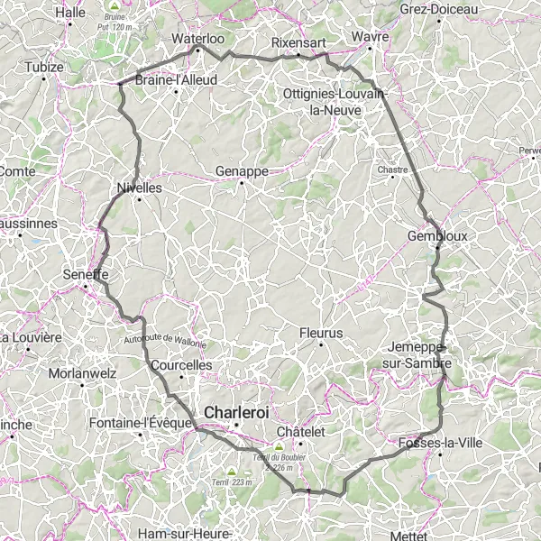 Map miniature of "The Road Warrior" cycling inspiration in Prov. Brabant Wallon, Belgium. Generated by Tarmacs.app cycling route planner