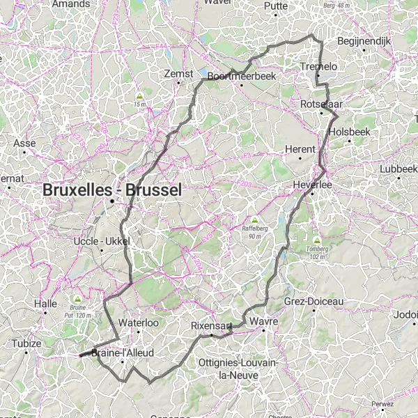 Map miniature of "Brabant Wallon Road Cycling Adventure" cycling inspiration in Prov. Brabant Wallon, Belgium. Generated by Tarmacs.app cycling route planner