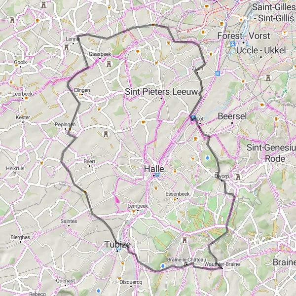 Miniatuurkaart van de fietsinspiratie "Wegroute door Brabantse dorpen" in Prov. Brabant Wallon, Belgium. Gemaakt door de Tarmacs.app fietsrouteplanner