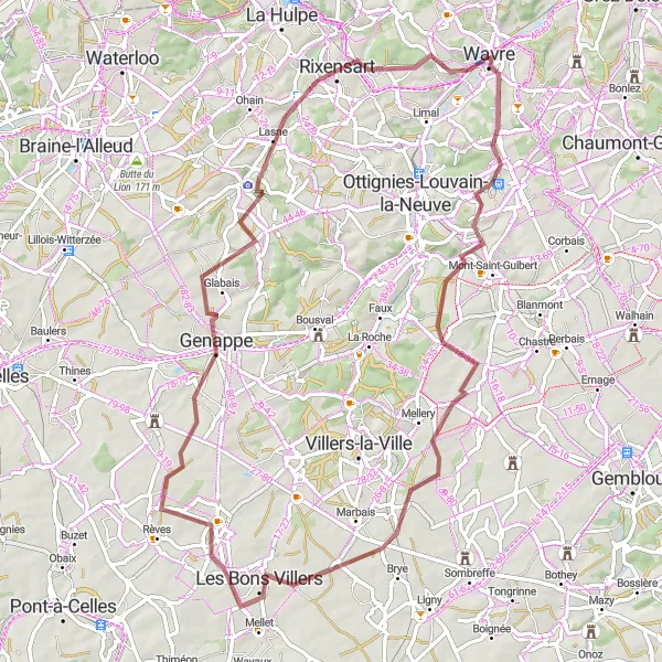 Karten-Miniaturansicht der Radinspiration "Gravel-Route von Wavre nach Genappe" in Prov. Brabant Wallon, Belgium. Erstellt vom Tarmacs.app-Routenplaner für Radtouren