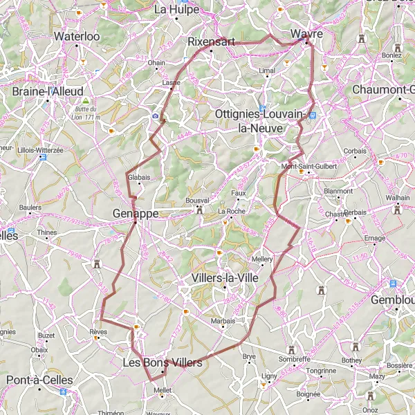 Map miniature of "The Gravel Loop" cycling inspiration in Prov. Brabant Wallon, Belgium. Generated by Tarmacs.app cycling route planner