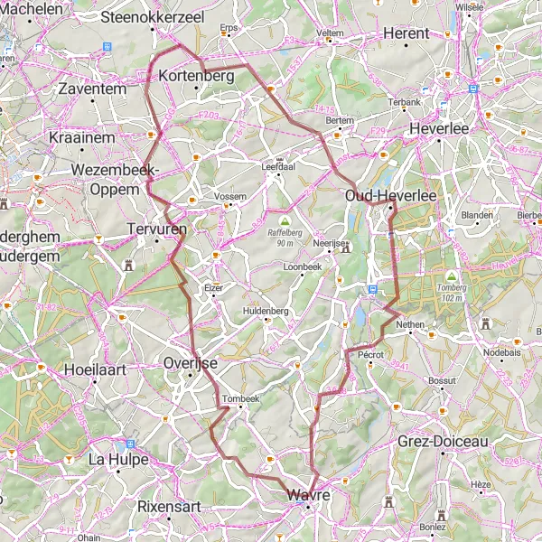Karten-Miniaturansicht der Radinspiration "Gravelroute rund um Wavre" in Prov. Brabant Wallon, Belgium. Erstellt vom Tarmacs.app-Routenplaner für Radtouren