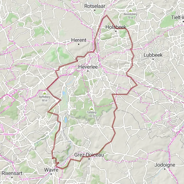 Map miniature of "Gravel Adventure from Wavre through Brabant Wallon" cycling inspiration in Prov. Brabant Wallon, Belgium. Generated by Tarmacs.app cycling route planner
