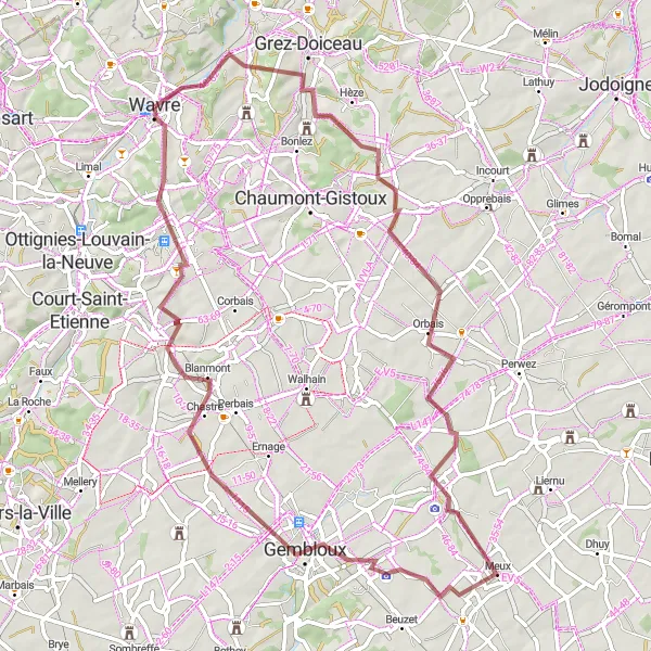 Miniatuurkaart van de fietsinspiratie "Avontuurlijke fietstocht van Wavre naar Louvain-la-Neuve" in Prov. Brabant Wallon, Belgium. Gemaakt door de Tarmacs.app fietsrouteplanner