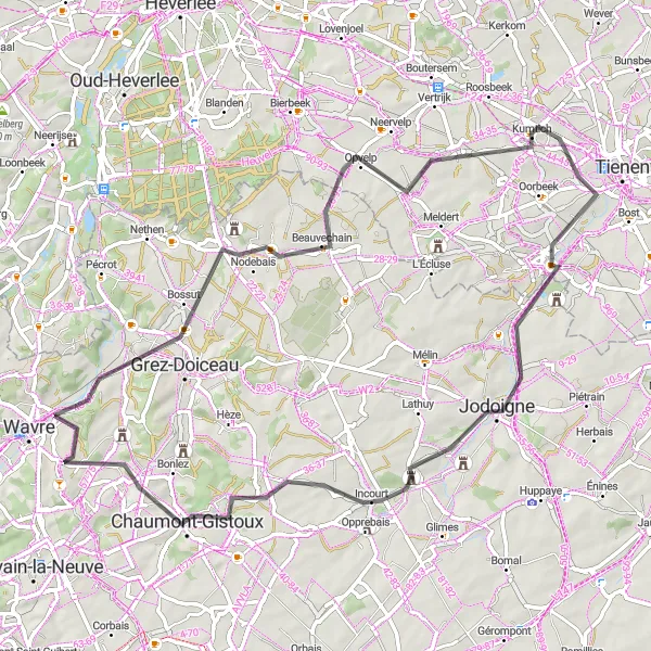 Karten-Miniaturansicht der Radinspiration "Rundfahrt über 66 km mit dem Rennrad" in Prov. Brabant Wallon, Belgium. Erstellt vom Tarmacs.app-Routenplaner für Radtouren