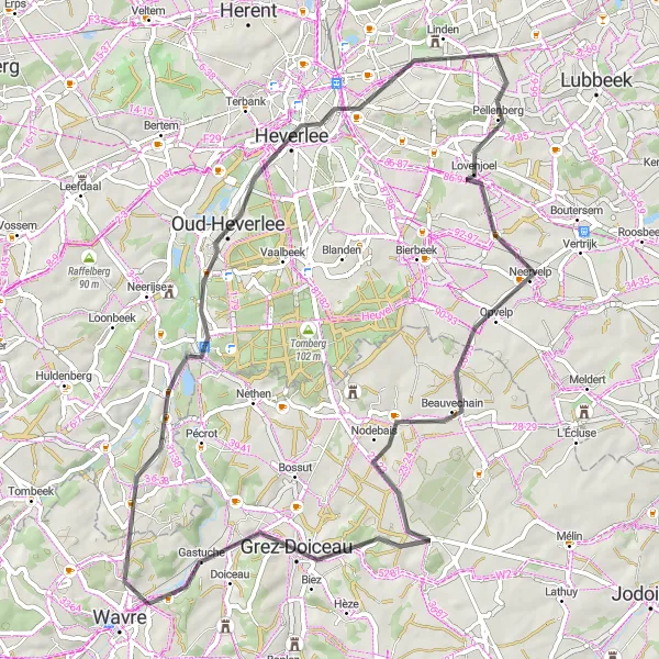 Map miniature of "Châteaux and Green Landscapes in Brabant Wallon" cycling inspiration in Prov. Brabant Wallon, Belgium. Generated by Tarmacs.app cycling route planner