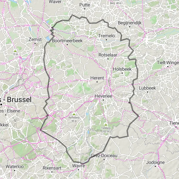 Map miniature of "The Ultimate Road Cycling Challenge in Brabant Wallon" cycling inspiration in Prov. Brabant Wallon, Belgium. Generated by Tarmacs.app cycling route planner