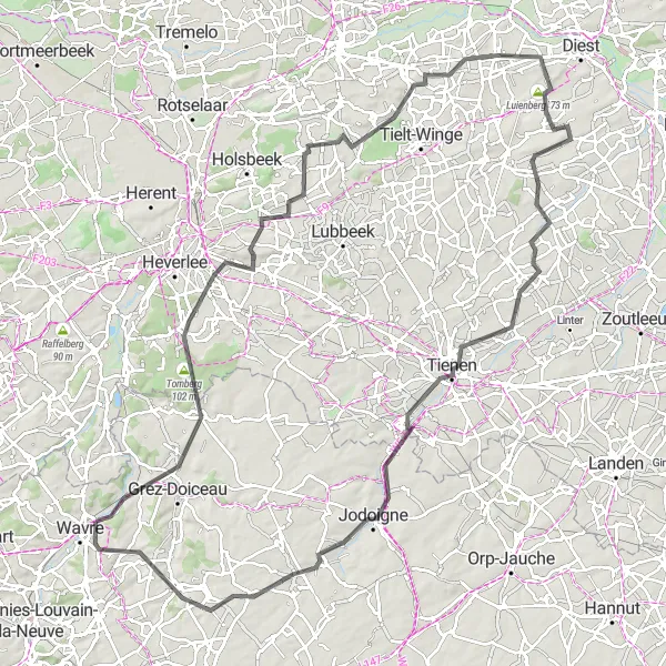 Karten-Miniaturansicht der Radinspiration "Road-Route von Wavre nach Tienen" in Prov. Brabant Wallon, Belgium. Erstellt vom Tarmacs.app-Routenplaner für Radtouren