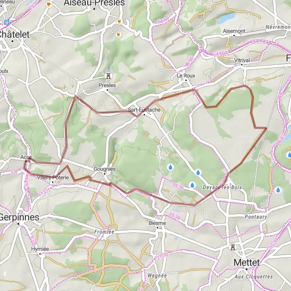 Miniatuurkaart van de fietsinspiratie "Korte gravelroute in de omgeving van Acoz" in Prov. Hainaut, Belgium. Gemaakt door de Tarmacs.app fietsrouteplanner