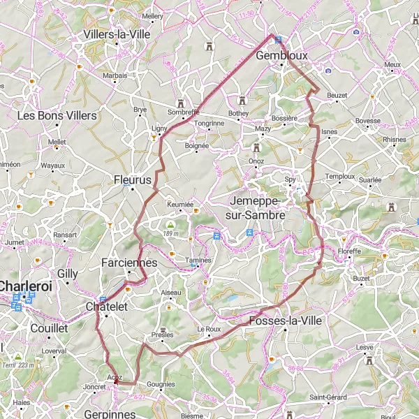 Karten-Miniaturansicht der Radinspiration "Rundweg durch Bouffioulx, Sombreffe und Gembloux (Schotter)" in Prov. Hainaut, Belgium. Erstellt vom Tarmacs.app-Routenplaner für Radtouren