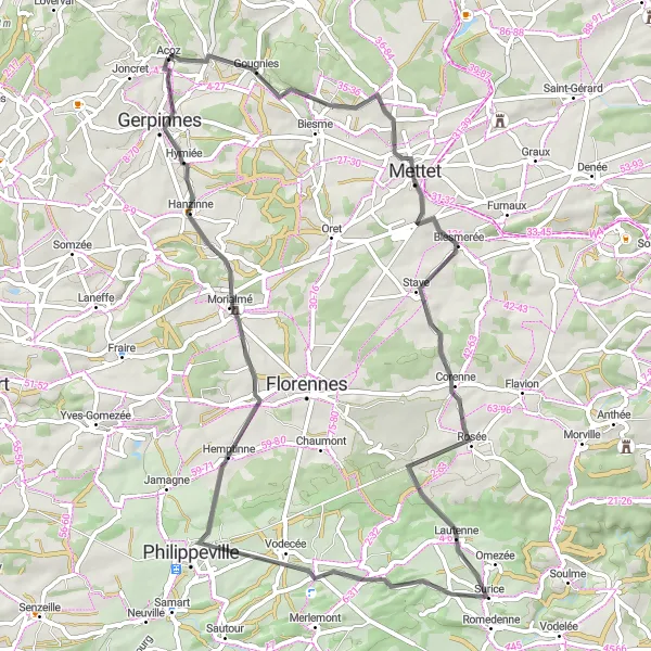 Karten-Miniaturansicht der Radinspiration "Fahrradtour durch Chapelle Sainte Rolende, Scry und Biesmerée (Straße)" in Prov. Hainaut, Belgium. Erstellt vom Tarmacs.app-Routenplaner für Radtouren