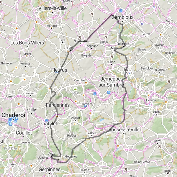 Karten-Miniaturansicht der Radinspiration "Roadtrip durch Pont-de-Loup, Grand-Manil und Spy (Straße)" in Prov. Hainaut, Belgium. Erstellt vom Tarmacs.app-Routenplaner für Radtouren