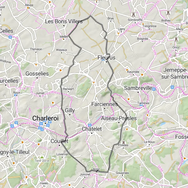 Map miniature of "The Montignies-sur-Sambre Road Trail" cycling inspiration in Prov. Hainaut, Belgium. Generated by Tarmacs.app cycling route planner