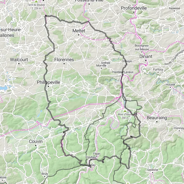 Miniature de la carte de l'inspiration cycliste "Épopée à travers les Ardennes Belges" dans la Prov. Hainaut, Belgium. Générée par le planificateur d'itinéraire cycliste Tarmacs.app