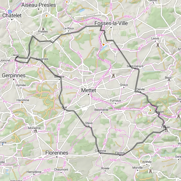 Miniature de la carte de l'inspiration cycliste "Randonnée sur les routes de Hainaut" dans la Prov. Hainaut, Belgium. Générée par le planificateur d'itinéraire cycliste Tarmacs.app