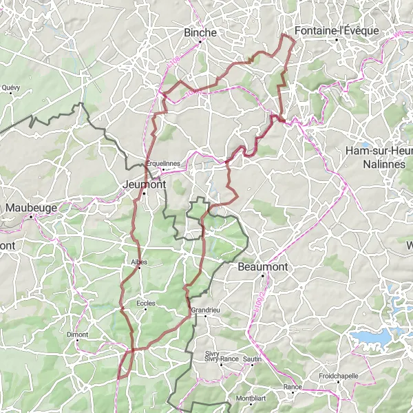 Map miniature of "Anderlues to Buvrinnes Gravel Adventure" cycling inspiration in Prov. Hainaut, Belgium. Generated by Tarmacs.app cycling route planner