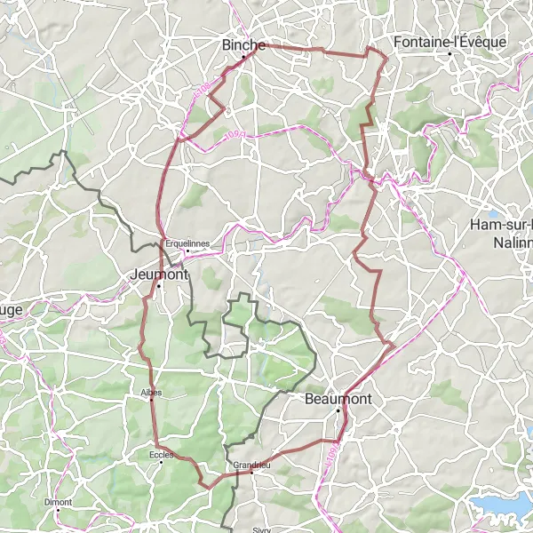 Miniatuurkaart van de fietsinspiratie "Gravelroute via Lobbes en Vellereille-les-Brayeux" in Prov. Hainaut, Belgium. Gemaakt door de Tarmacs.app fietsrouteplanner