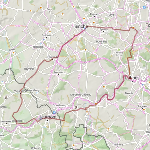 Map miniature of "Anderlues to L'Arbiette Gravel Loop" cycling inspiration in Prov. Hainaut, Belgium. Generated by Tarmacs.app cycling route planner