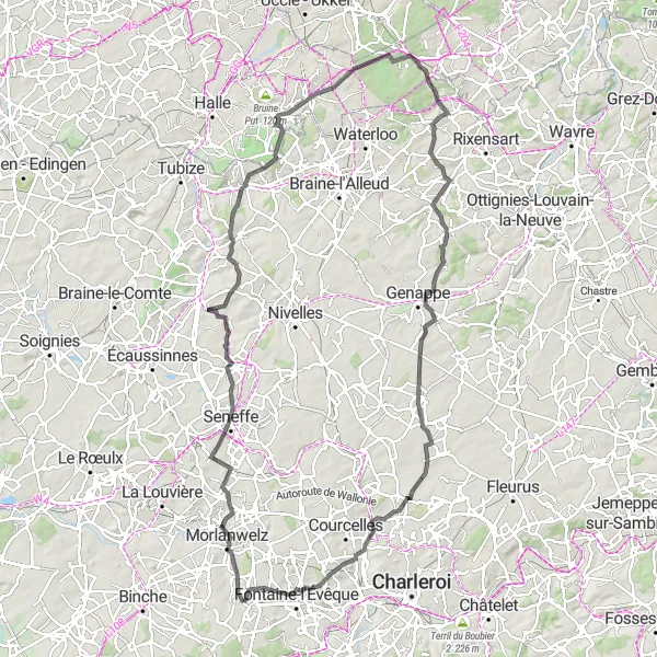 Map miniature of "Challenging Road Cycling Tour through Anderlues and Roux" cycling inspiration in Prov. Hainaut, Belgium. Generated by Tarmacs.app cycling route planner