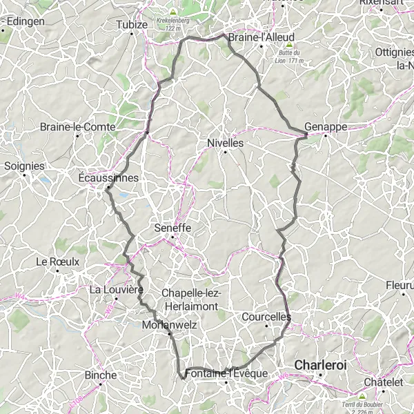 Map miniature of "Scenic Road Cycling Tour around Anderlues and Ronquières" cycling inspiration in Prov. Hainaut, Belgium. Generated by Tarmacs.app cycling route planner